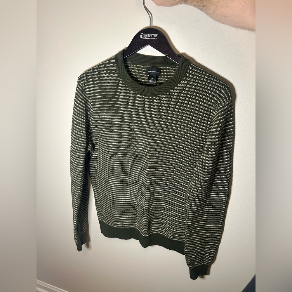 Club Monaco Olive and Cream Striped Crewneck Sweater